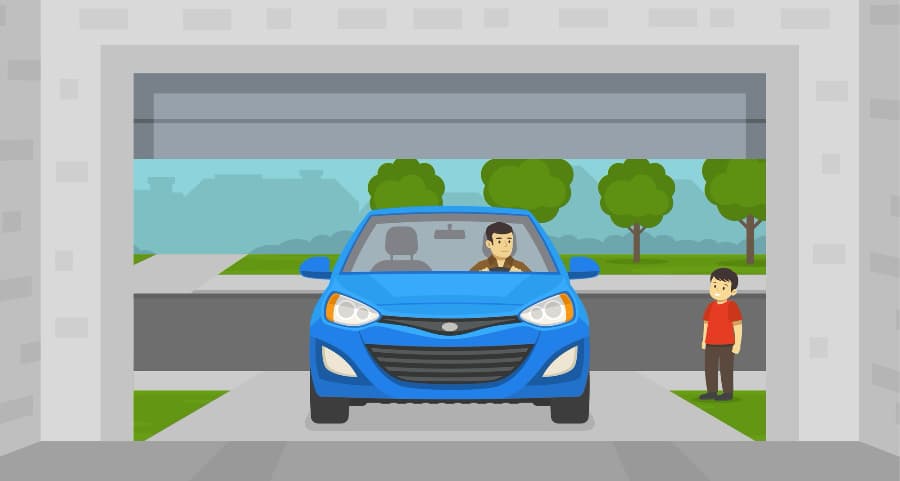 Illustration of a man driving into the garage with a child watching.